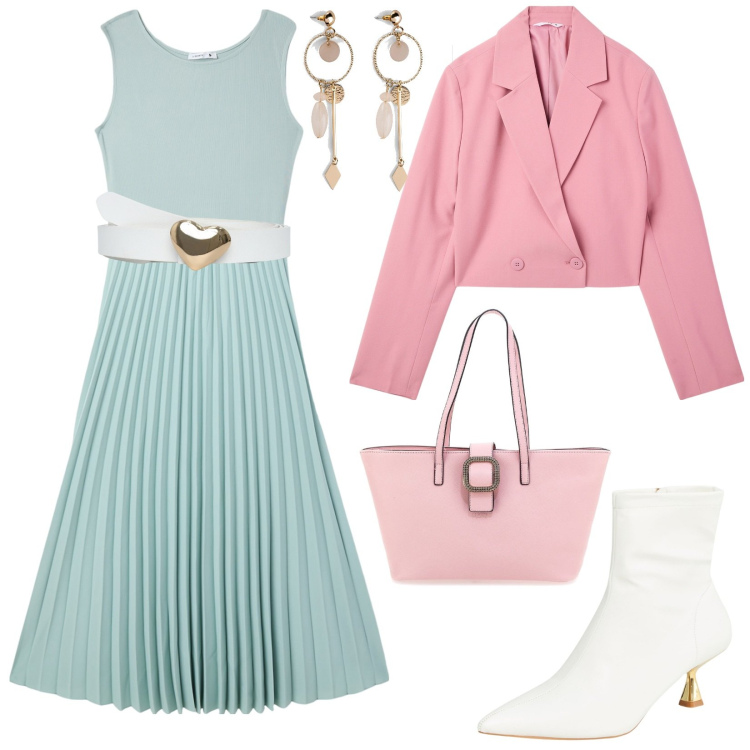 Outfit donna - Primavera in tonalità pastello. Stile Glamour per Tutti i giorni. Abbinamento con orecchini, vestiti lunghi, stivaletti, cinture, blazer, borse a spalla.