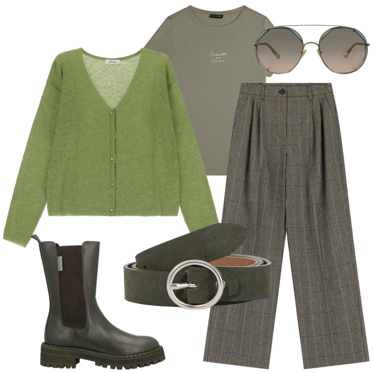 Outfit donna - Verde il mio colore preferito. Stile Casual chic per Ufficio. Abbinamento con stivaletti, occhiali da sole, pantaloni, t-shirt, cardigans, cinture.