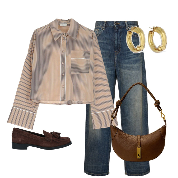 Outfit donna - In marrone. Stile Casual chic per Tutti i giorni. Abbinamento con mocassini, camicie, borse a spalla, jeans, orecchini.