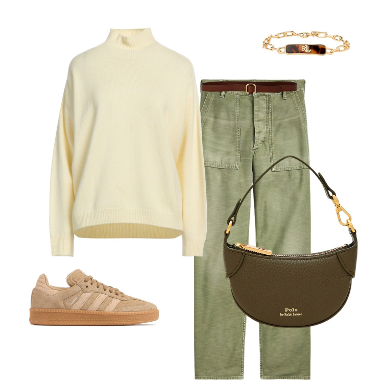 Outfit donna - Tra il verde e il marrone. Stile Casual per Tutti i giorni. Abbinamento con maglieria, pantaloni, braccialetti, portafogli, cinture, sneakers.