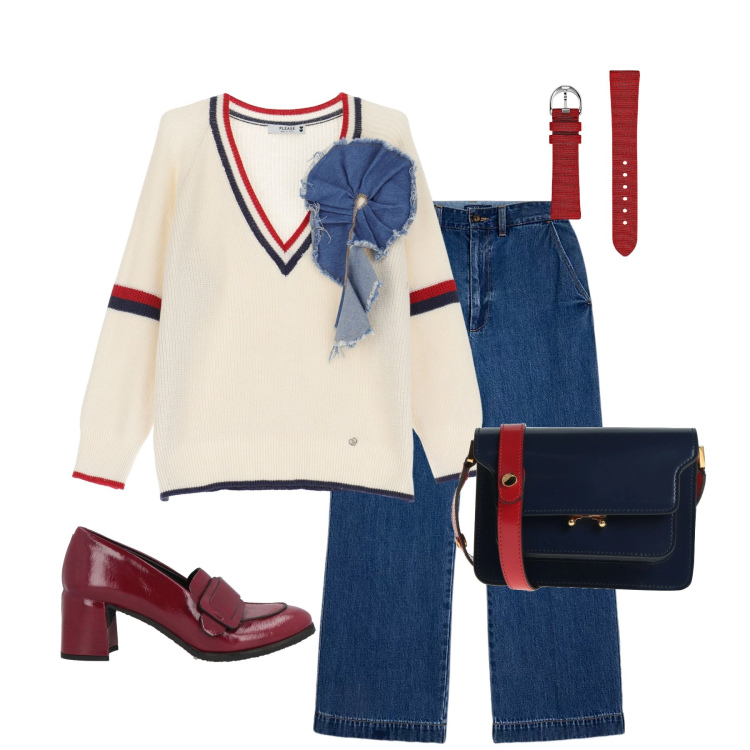 Outfit donna - Rosso e blu. Stile Casual chic per Tutti i giorni. Abbinamento con borse a tracolla, mocassini, maglieria, orologi, jeans.