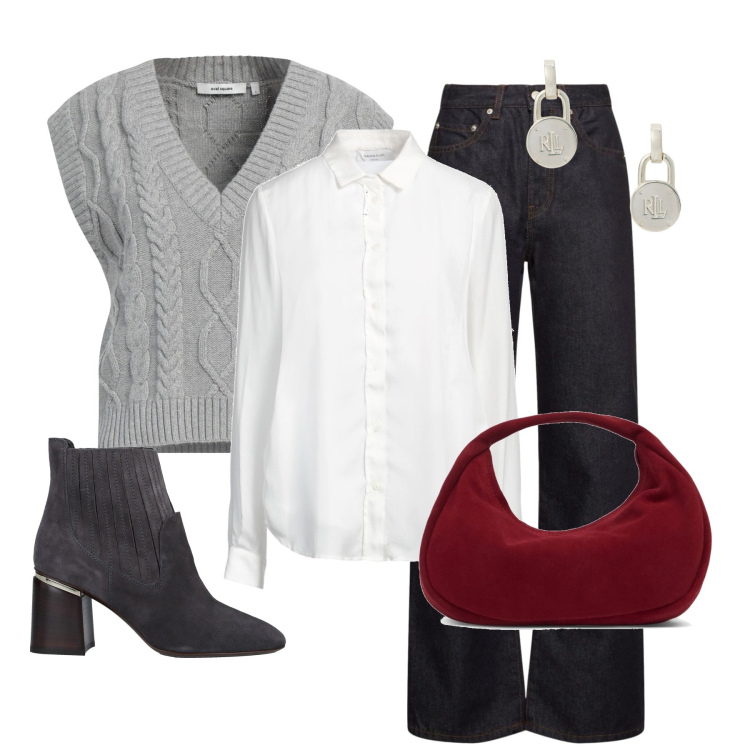 Outfit donna - Grigio e rosso. Stile Casual chic per Serata fuori. Abbinamento con stivaletti, camicie, pullovers, orecchini, jeans dritti, borse a mano.