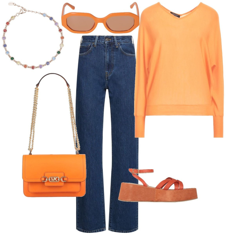 Outfit donna - Arancione mon amour. Stile Sporty chic per Tutti i giorni. Abbinamento con pullovers, sandali in pelle, borse a spalla, braccialetti, jeans dritti, occhiali da sole.