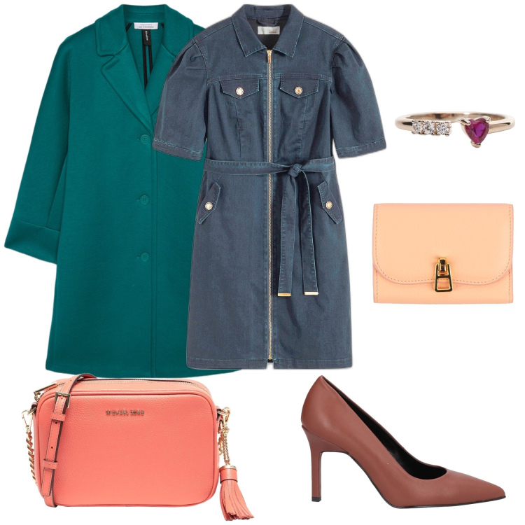 Outfit donna - Borsa pesca. Stile Casual chic per Serata fuori. Abbinamento con vestiti, décolleté, borse a tracolla, portafogli, anelli, cappotti.