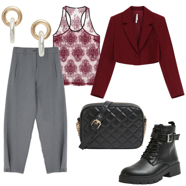 Outfit donna - Smart. per Serata fuori. Abbinamento con borse a tracolla, anfibi, pantaloni, canottiere, blazer, orecchini.