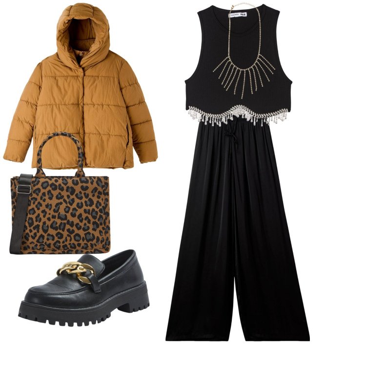 Outfit donna - Romantico con vento. Stile Romantica per Serata fuori. look ideale per Petite. Abbinamento con collane, piumini, shopping bag, pantaloni a palazzo, mocassini, top.