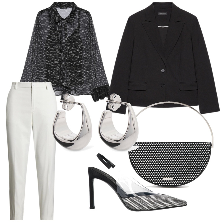 Outfit donna - Un invito a sorpresa. per Serata fuori. Abbinamento con décolleté, pantaloni, blazer, camicie, orecchini, pochette.