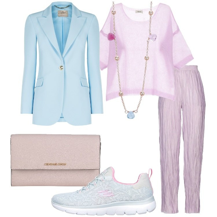 Outfit donna - Tonalità pastello - Focus Donna Curvy. Stile Casual chic per Tutti i giorni. Abbinamento con pantaloni, borse a mano, collane, blazer, pullovers, sneakers.