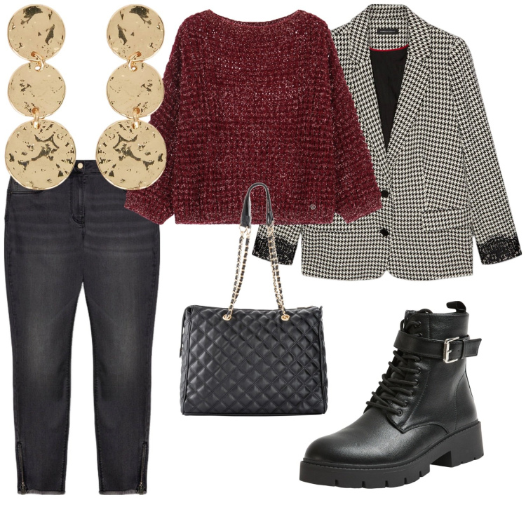 Outfit donna - Essere comoda. per Ufficio. Abbinamento con shopping bag, anfibi, maglieria, jeans skinny, blazer, orecchini.