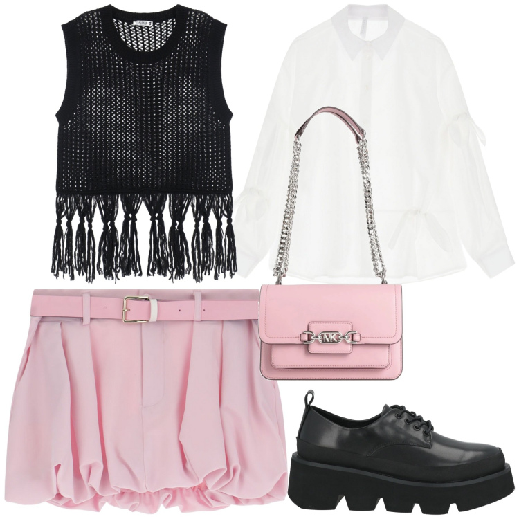 Outfit donna - Teen. Stile Trendy per Scuola/Università. Abbinamento con scarpe stringate, borse a spalla, maglieria, minigonne, camicie.