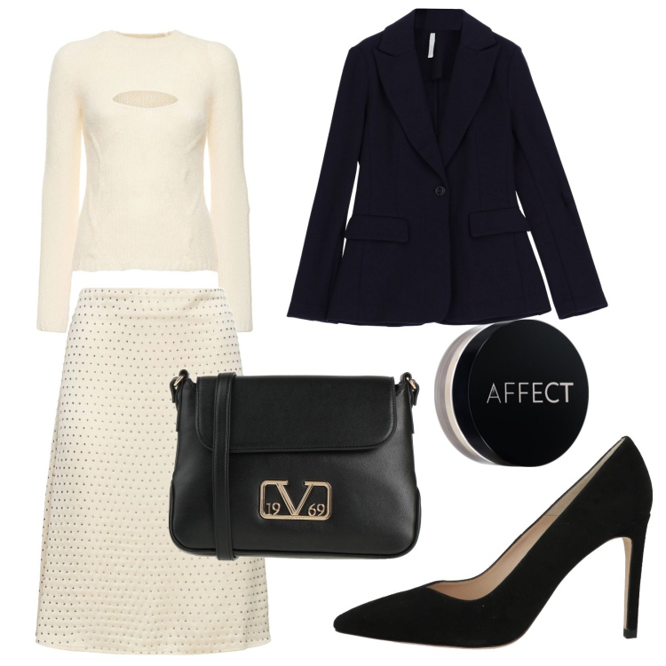 Outfit donna - Total look #2064528. Stile Trendy per Serata fuori. Abbinamento con borse a tracolla, décolleté, ciprie, blazer, gonne, maglieria.