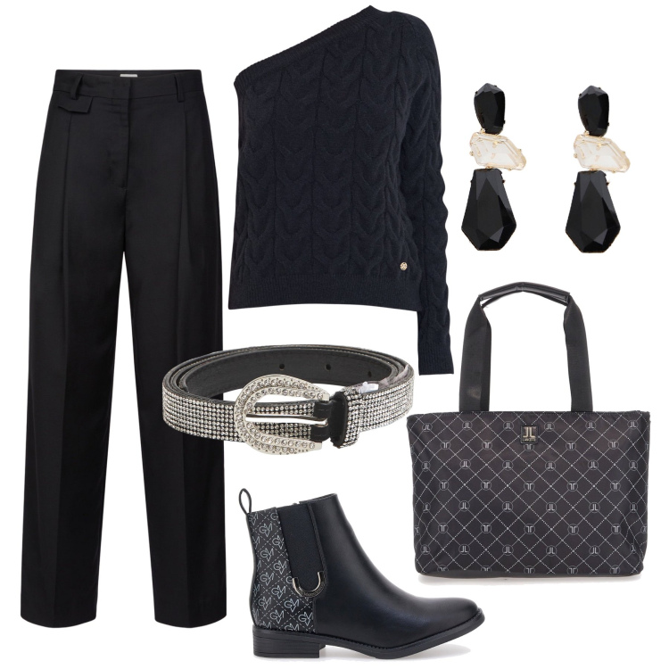 Outfit donna - Maglioncino monospalla in ufficio. Stile Glamour per Ufficio. Abbinamento con cinture, maglieria, orecchini, stivaletti, borse a spalla, pantaloni.