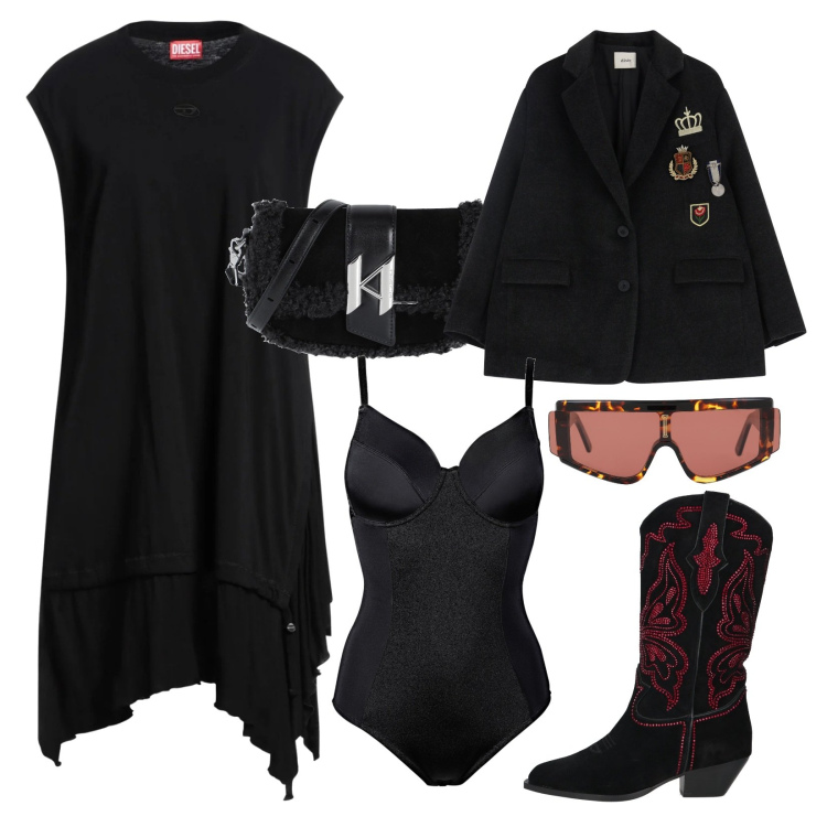 Outfit donna - Curvy super grintosa!. Stile Rock per Serata fuori. Abbinamento con body, vestiti corti, occhiali da sole, borse a spalla, stivaletti texani, blazer.