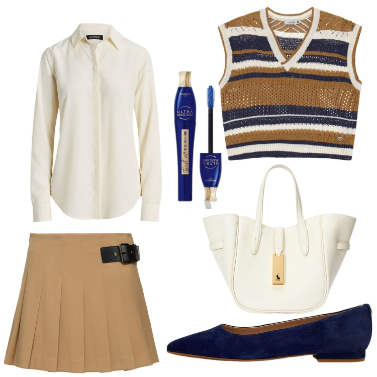 Outfit donna - Total look #2064532. Stile Trendy per Serata fuori. Abbinamento con mascara, maglieria, camicie, borse tote, ballerine, minigonne.