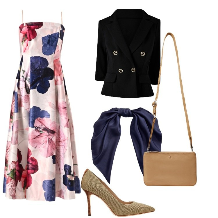 Outfit donna - Rinascimento 2025. Stile Romantica per Cerimonia. Abbinamento con vestiti midi/longuette, blazer, décolleté, foulard, borse a tracolla.