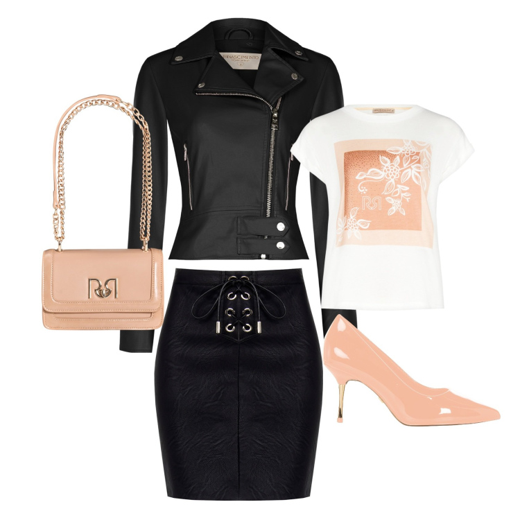 Outfit donna - Note di primavera. Abbinamento con giacche, gonne, t-shirt, décolleté, borse a tracolla.
