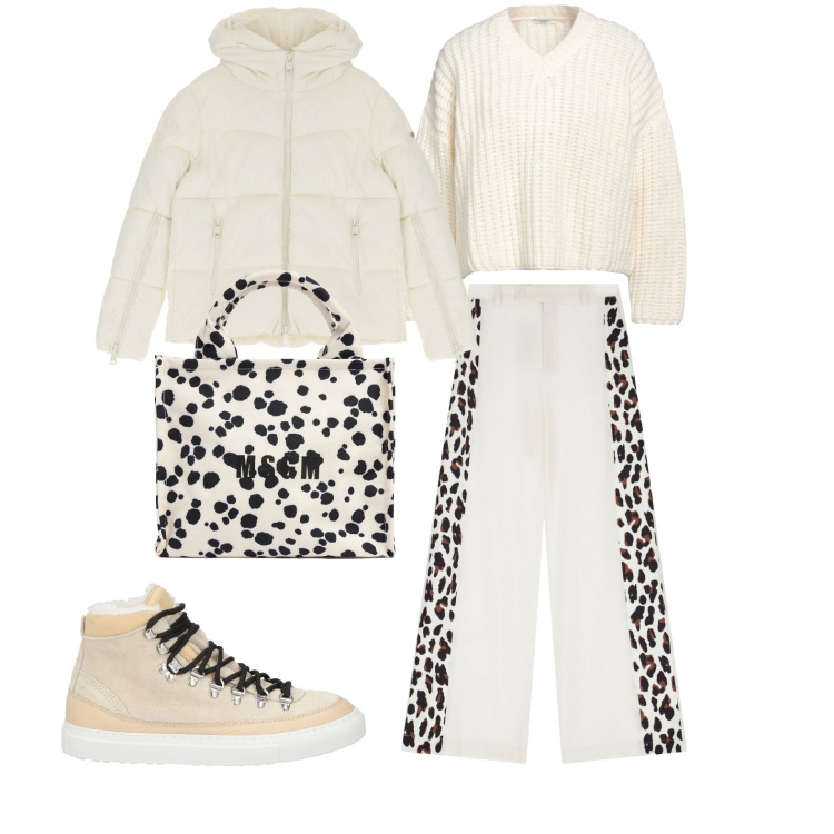 Outfit donna - Bianco latte. Stile Casual chic per Tutti i giorni. Abbinamento con pullovers, sneakers alte, piumini, pantaloni a palazzo, shopping bag.