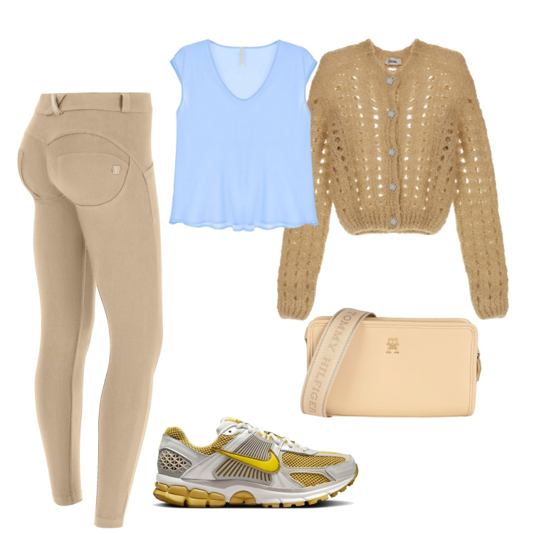 Outfit donna - Promenade. Stile Casual per Tutti i giorni. Abbinamento con borse a tracolla, top, pantaloni skinny, cardigans, sneakers.