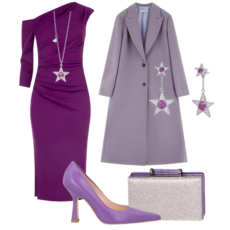 Outfit donna - Cerimonia asimmetrica di sera. Stile Chic per Cerimonia. Abbinamento con décolleté, orecchini, collane, cappotti, vestiti asimmetrici, pochette.