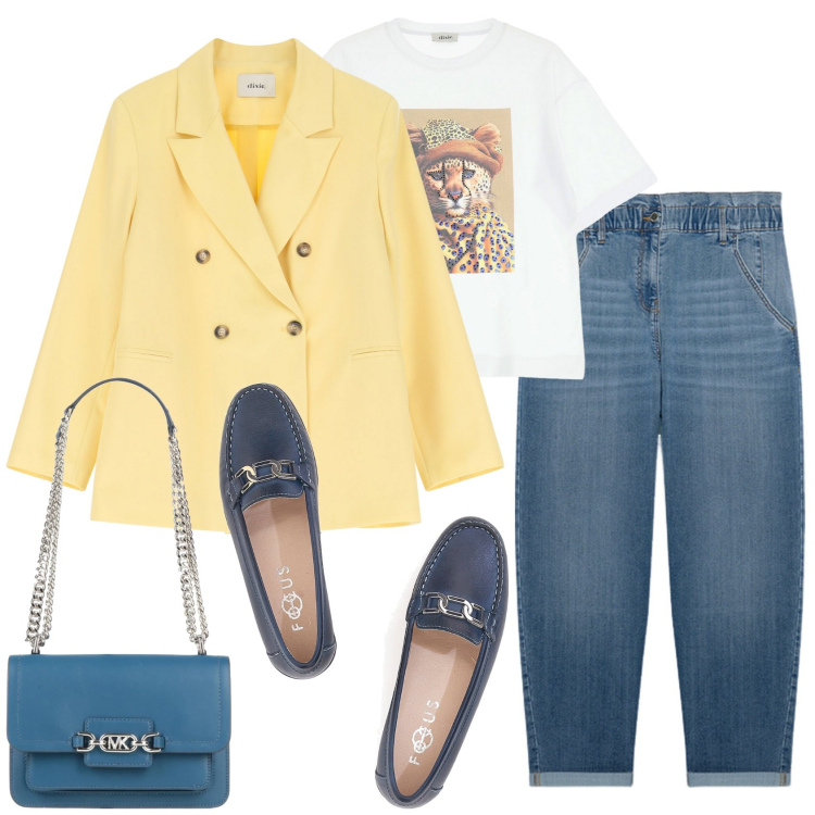 Outfit donna - Il blazer di primavera. Stile Bon Ton per Tutti i giorni. Abbinamento con borse a spalla, blazer, t-shirt, mocassini, jeans.