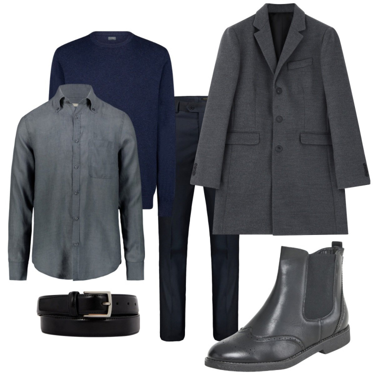 Outfit uomo - Alla riunione del martedì. Stile Business/Elegante per Ufficio. Abbinamento con stivali e stivaletti, cappotti, maglieria, camicie, cinture, pantaloni.