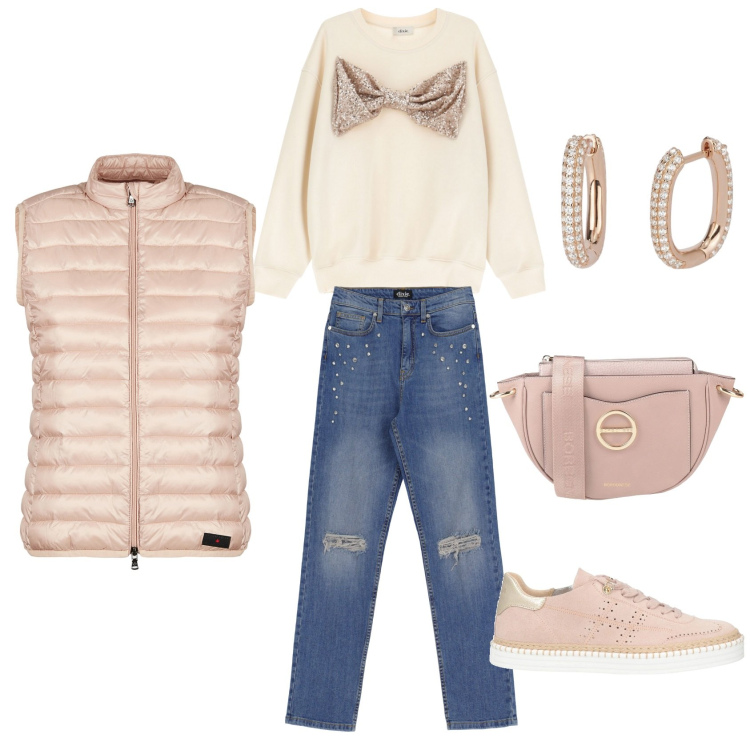 Outfit donna - Aria di primavera. Stile Casual chic per Tutti i giorni. Abbinamento con borse a tracolla, sneakers, orecchini, piumini, felpe, jeans strappati.
