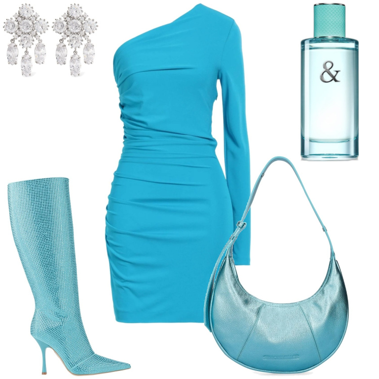 Outfit donna - Serata celeste. Stile Trendy per Serata fuori. Abbinamento con stivali, vestiti corti, profumi, borse a spalla, orecchini.