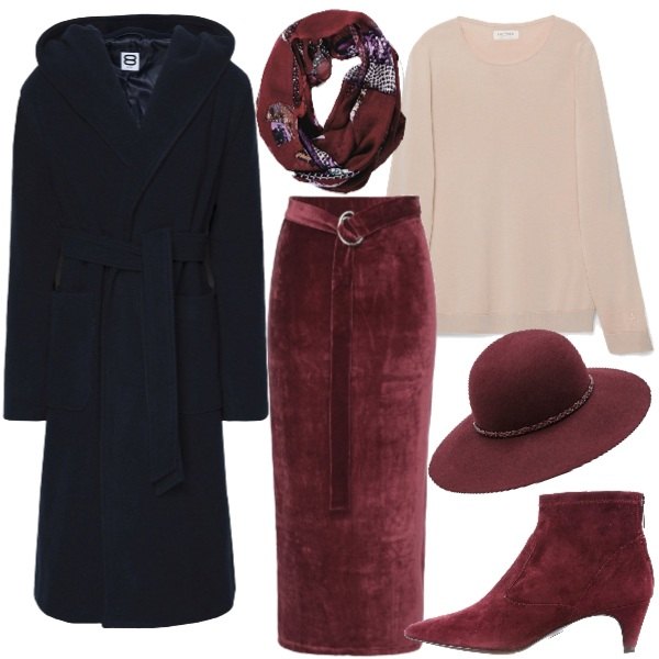 Outfit donna - Gonna in velluto. Stile Basic per Serata fuori. Abbinamento con gonna lunga, cappello contrasto in lana tinta unita, cappotto, stivaletti con zip rosso, maglia girocollo a maniche lunghe, cappello con stampa in velluto taglia unica rosso.