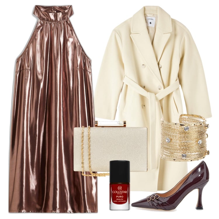 Outfit donna - Un tocco moderno e sofisticato!. Stile Glamour per Serata fuori. Abbinamento con vestiti corti, smalti, cappotti, clutch, braccialetti, décolleté.