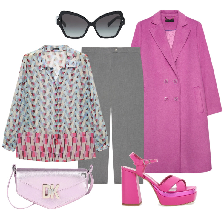 Outfit donna - Arriva la primavera. Stile Romantica per Cerimonia. Abbinamento con occhiali da sole, borse a tracolla, camicie, cappotti, pantaloni a palazzo, sandali col tacco.