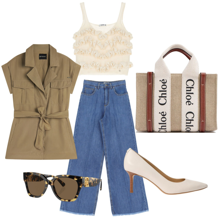 Outfit donna - Semplice ma particolare. Stile Casual chic per Tutti i giorni. Abbinamento con top, trench, jeans, occhiali da sole, décolleté, borse a mano.