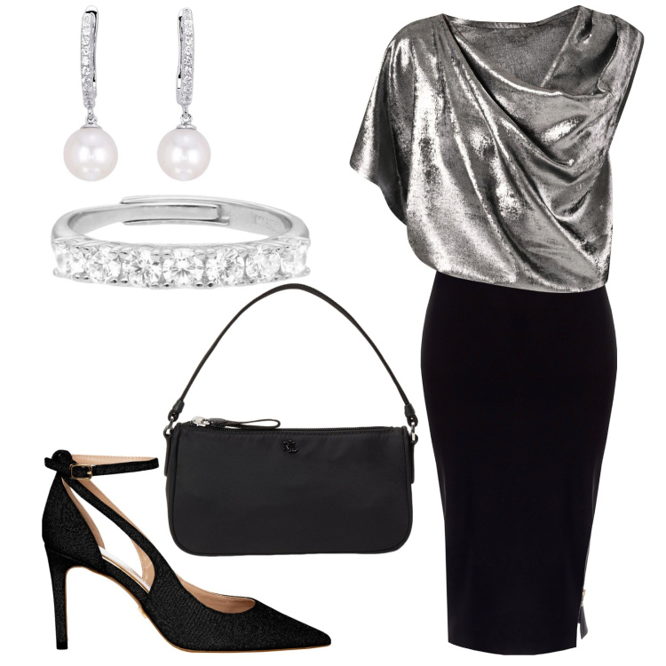 Outfit donna - Serata elegante. per Serata fuori. Abbinamento con anelli, orecchini, bluse, gonne, décolleté, pochette.
