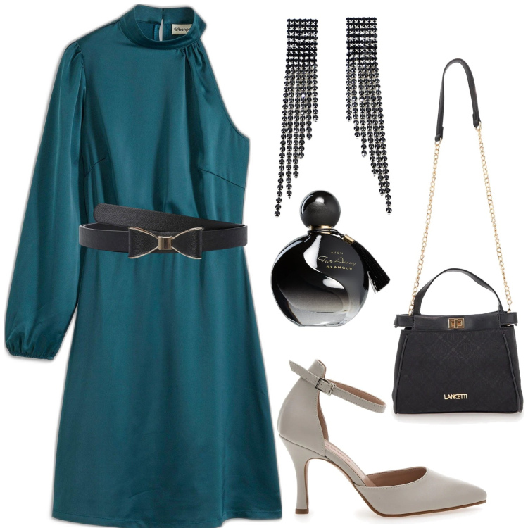 Outfit donna - Be sofisticated_tendenze febbraio \'25. Stile Trendy per Serata fuori. Abbinamento con vestiti asimmetrici, profumi, cinture, orecchini, décolleté, borse a tracolla.