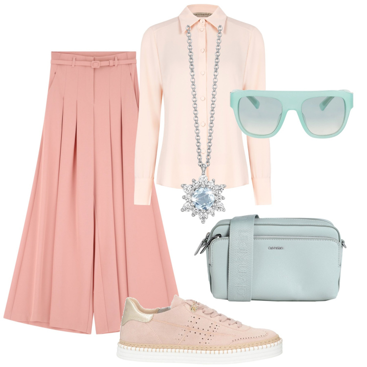 Outfit donna - Aperitivo pastello. Stile Casual chic per Tutti i giorni. Abbinamento con sneakers, occhiali da sole, borse a tracolla, pantaloni, collane, camicie.