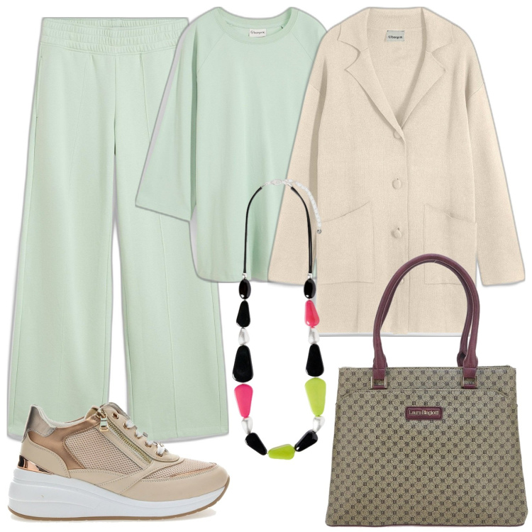 Outfit donna - Tonalità pastello. Stile Sporty chic per Tutti i giorni. Abbinamento con pantaloni, maglieria, cardigans, sneakers, borse a spalla, collane.