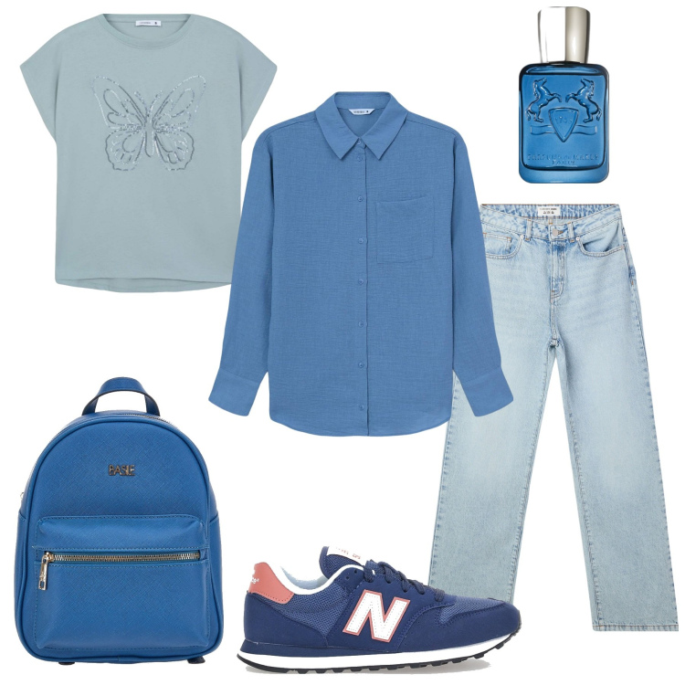Outfit donna - Primavera. Stile Urban per Tutti i giorni. Abbinamento con profumi, t-shirt, jeans dritti, camicie, zaini, sneakers.