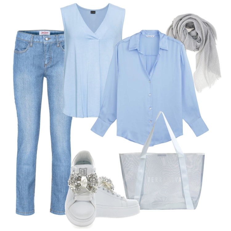 Outfit donna - Azzurro con la camicia aperta. Stile Casual per Tutti i giorni. Abbinamento con top, jeans slim fit, camicie, shopping bag, sneakers, foulard.