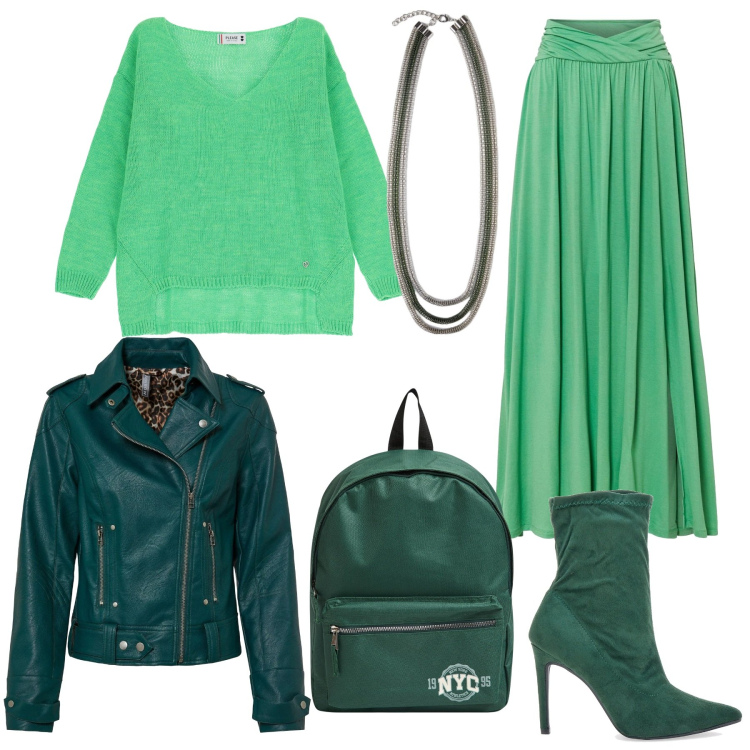 Outfit donna - In verde. Stile Rock per Serata fuori. Abbinamento con blazer, gonne lunghe, zaini, maglieria, stivaletti, collane.