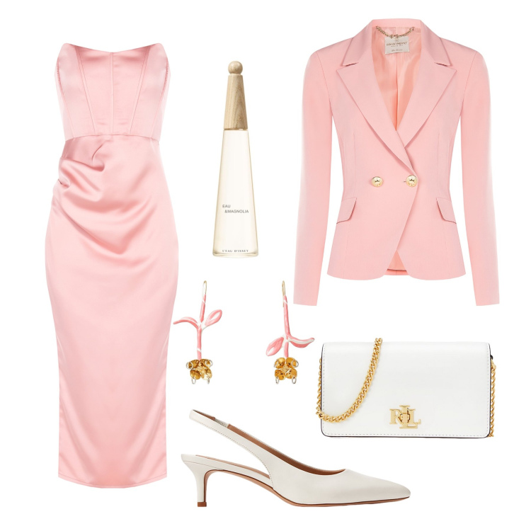 Outfit donna - Evento in rosa. Stile Chic per Cerimonia. Abbinamento con orecchini, profumi, vestiti midi/longuette, blazer, décolleté, borse a mano.