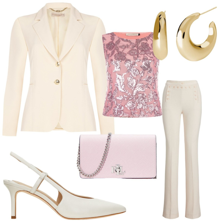 Outfit donna - Tonalità pastello -Donna Curvy. Stile Bon Ton per Cerimonia. Abbinamento con orecchini, top, blazer, pantaloni, borse a tracolla, décolleté.