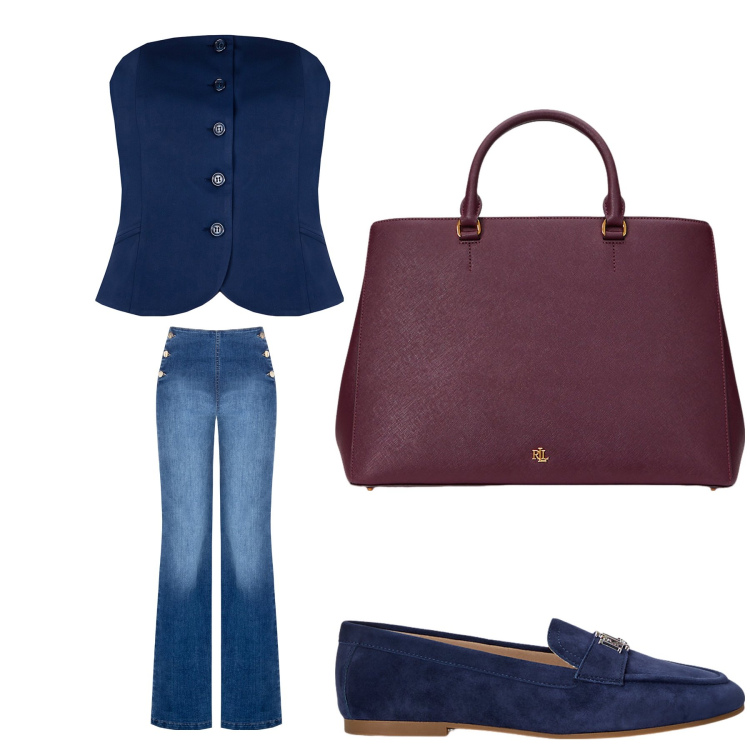 Outfit donna - Aperitivo. Stile Trendy per Tutti i giorni. Abbinamento con jeans, top, borse a mano, mocassini.