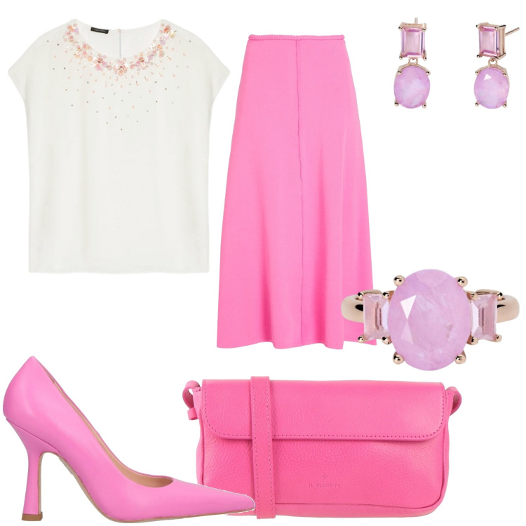Outfit donna - Un aperitivo in rosa. Stile Glamour per Tutti i giorni. Abbinamento con borse a tracolla, gonne longuette, décolleté, orecchini, anelli, bluse.