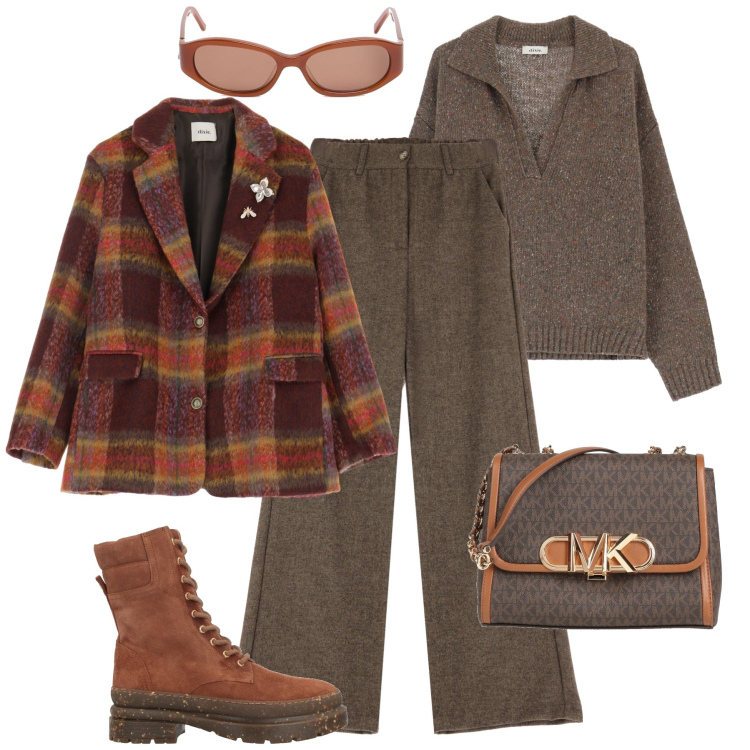 Outfit donna - Colori terra in città - @laurafo. Stile Urban per Tutti i giorni. Abbinamento con anfibi, borse a tracolla, pantaloni a palazzo, maglieria, blazer, occhiali da sole.