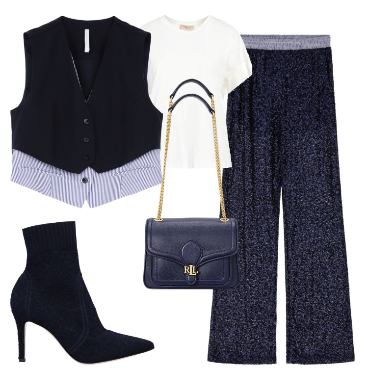 Outfit donna - Un tocco glam. Stile Glamour per Serata fuori. Abbinamento con stivaletti, t-shirt, pantaloni a palazzo, gilet, borse a spalla.