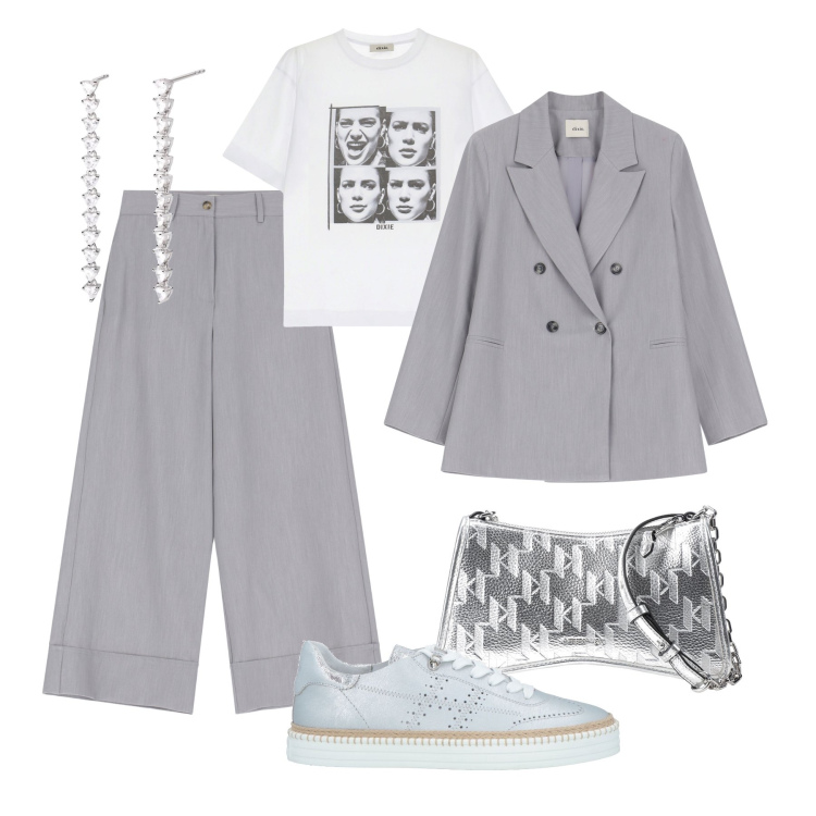 Outfit donna - Serata grigio perla e argento. Stile Casual chic per Serata fuori. Abbinamento con sneakers, borse a tracolla, pantaloni a palazzo, blazer, t-shirt, orecchini.