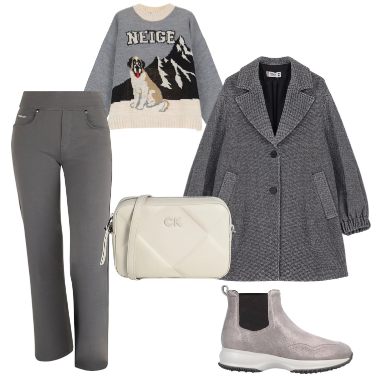 Outfit donna - Amò il grigio. Stile Casual chic per Tutti i giorni. Abbinamento con stivaletti, borse a tracolla, cappotti, pantaloni, maglieria.