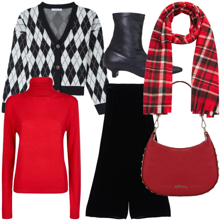 Outfit donna - Il golf check. Stile Urban per Tutti i giorni. Abbinamento con borse a spalla, stivaletti, pantaloni, cardigans, sciarpe, maglieria.