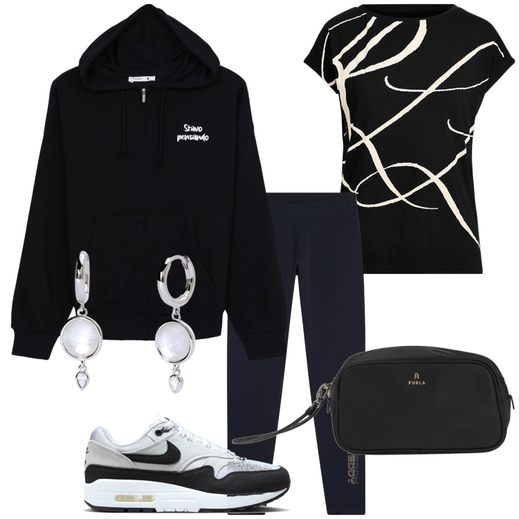 Outfit donna - Pranzo in mensa. Stile Casual chic per Ufficio. Abbinamento con valigie, orecchini, felpe con cappuccio, leggings, maglieria, sneakers.