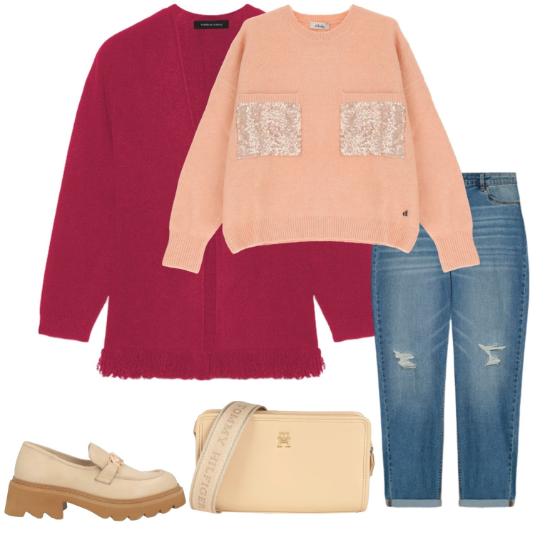 Outfit donna - Maglione salmone. Stile Casual per Tutti i giorni. Abbinamento con mocassini, borse a tracolla, pullovers, jeans strappati, cardigans.