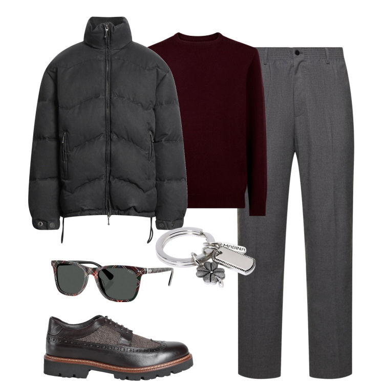 Outfit uomo - Total look #2064632. Stile Urban per Tutti i giorni. Abbinamento con scarpe stringate, piumini, portachiavi, occhiali da sole, maglieria, pantaloni.
